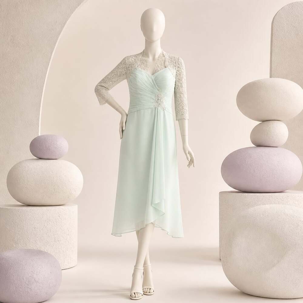Lanting Bride Mint Green Chiffon Lace Mother of the Bride Knee-Length Dress with